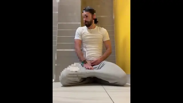 Public toilet self piss with buttplug and hump orgasm